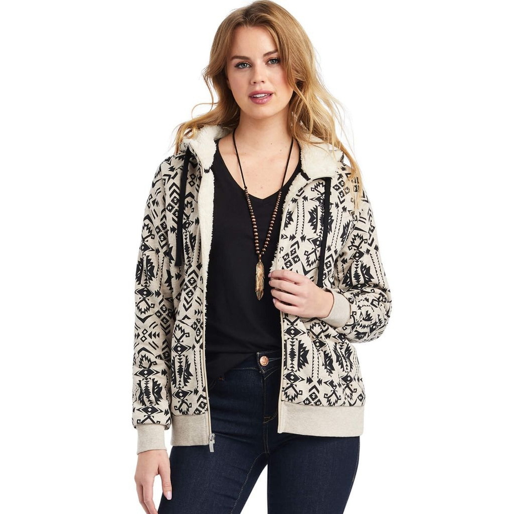 Ariat Women's REAL Sherpa Full Zip Hoodie cream black western Oaxaca Print large